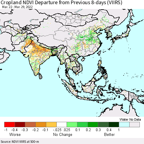 Asia Cropland NDVI Departure from Previous 8-days (VIIRS) Thematic Map For 3/22/2022 - 3/29/2022