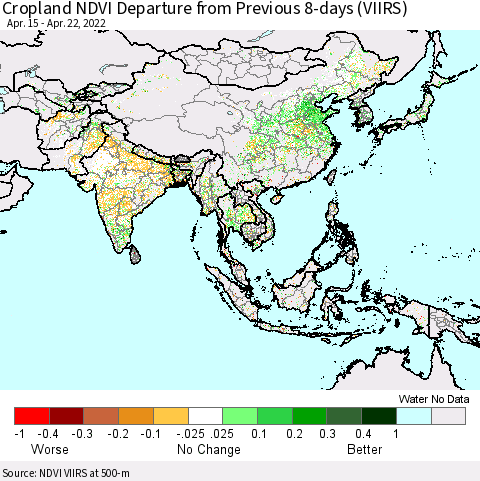 Asia Cropland NDVI Departure from Previous 8-days (VIIRS) Thematic Map For 4/15/2022 - 4/22/2022