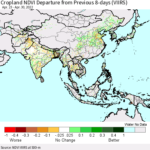 Asia Cropland NDVI Departure from Previous 8-days (VIIRS) Thematic Map For 4/23/2022 - 4/30/2022
