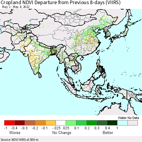 Asia Cropland NDVI Departure from Previous 8-days (VIIRS) Thematic Map For 5/1/2022 - 5/8/2022