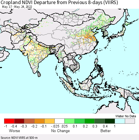 Asia Cropland NDVI Departure from Previous 8-days (VIIRS) Thematic Map For 5/17/2022 - 5/24/2022
