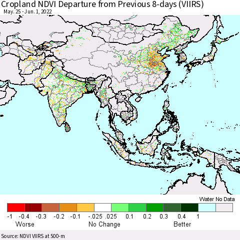 Asia Cropland NDVI Departure from Previous 8-days (VIIRS) Thematic Map For 5/25/2022 - 6/1/2022