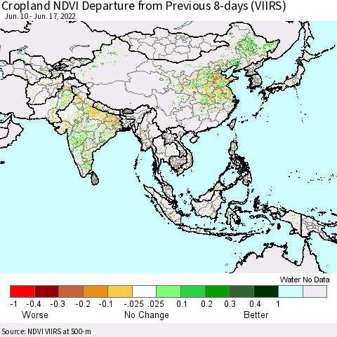 Asia Cropland NDVI Departure from Previous 8-days (VIIRS) Thematic Map For 6/10/2022 - 6/17/2022