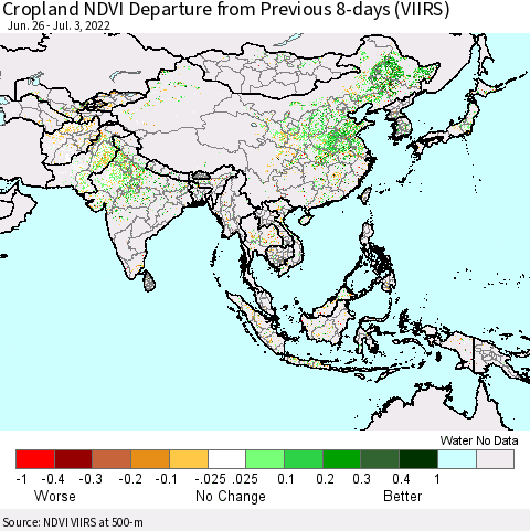 Asia Cropland NDVI Departure from Previous 8-days (VIIRS) Thematic Map For 6/26/2022 - 7/3/2022