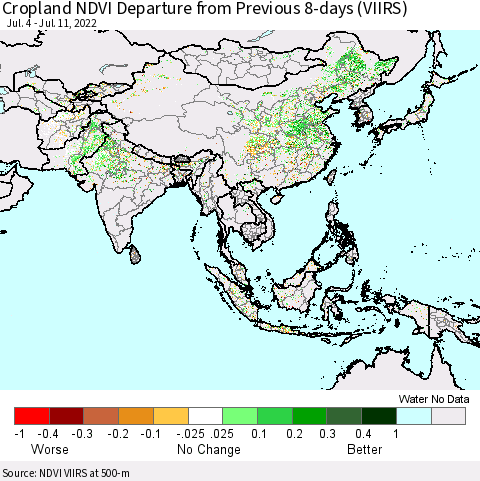Asia Cropland NDVI Departure from Previous 8-days (VIIRS) Thematic Map For 7/4/2022 - 7/11/2022
