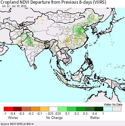 Asia Cropland NDVI Departure from Previous 8-days (VIIRS) Thematic Map For 7/12/2022 - 7/19/2022