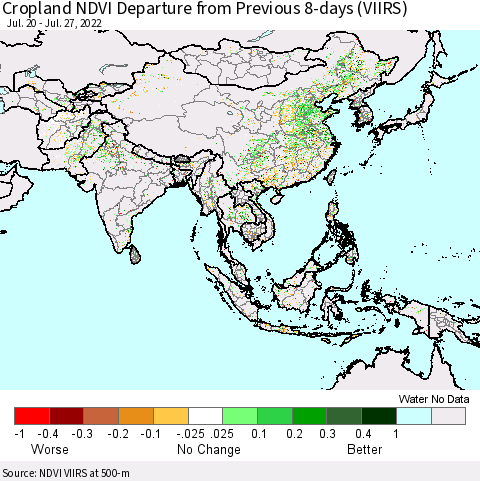 Asia Cropland NDVI Departure from Previous 8-days (VIIRS) Thematic Map For 7/20/2022 - 7/27/2022