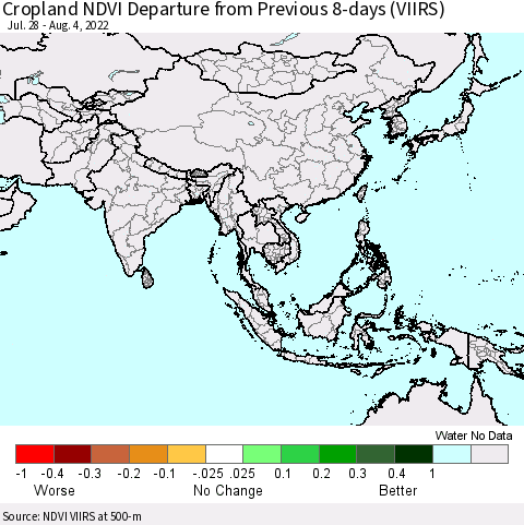 Asia Cropland NDVI Departure from Previous 8-days (VIIRS) Thematic Map For 7/28/2022 - 8/4/2022