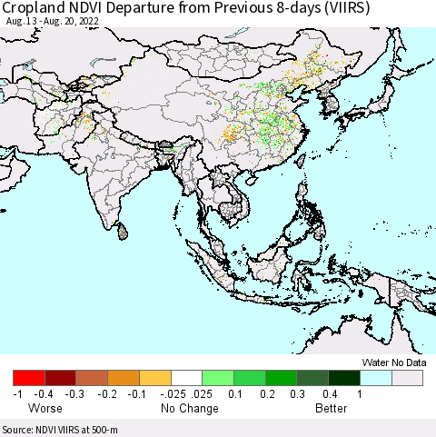 Asia Cropland NDVI Departure from Previous 8-days (VIIRS) Thematic Map For 8/13/2022 - 8/20/2022