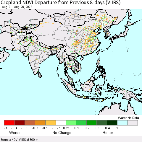 Asia Cropland NDVI Departure from Previous 8-days (VIIRS) Thematic Map For 8/21/2022 - 8/28/2022