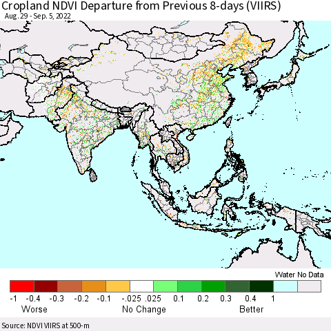 Asia Cropland NDVI Departure from Previous 8-days (VIIRS) Thematic Map For 8/29/2022 - 9/5/2022