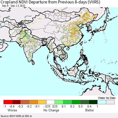 Asia Cropland NDVI Departure from Previous 8-days (VIIRS) Thematic Map For 9/6/2022 - 9/13/2022