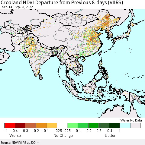 Asia Cropland NDVI Departure from Previous 8-days (VIIRS) Thematic Map For 9/14/2022 - 9/21/2022