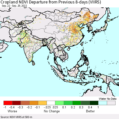 Asia Cropland NDVI Departure from Previous 8-days (VIIRS) Thematic Map For 9/22/2022 - 9/29/2022