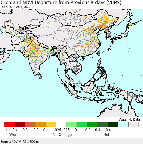 Asia Cropland NDVI Departure from Previous 8-days (VIIRS) Thematic Map For 9/30/2022 - 10/7/2022