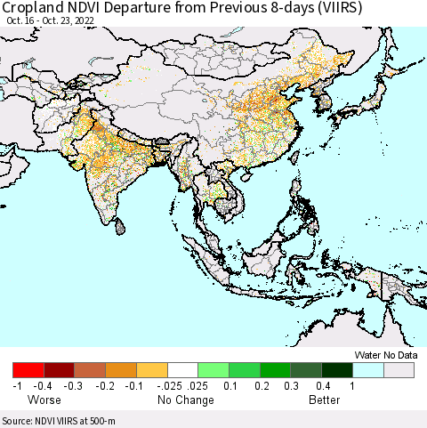 Asia Cropland NDVI Departure from Previous 8-days (VIIRS) Thematic Map For 10/16/2022 - 10/23/2022
