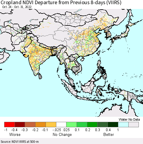 Asia Cropland NDVI Departure from Previous 8-days (VIIRS) Thematic Map For 10/24/2022 - 10/31/2022