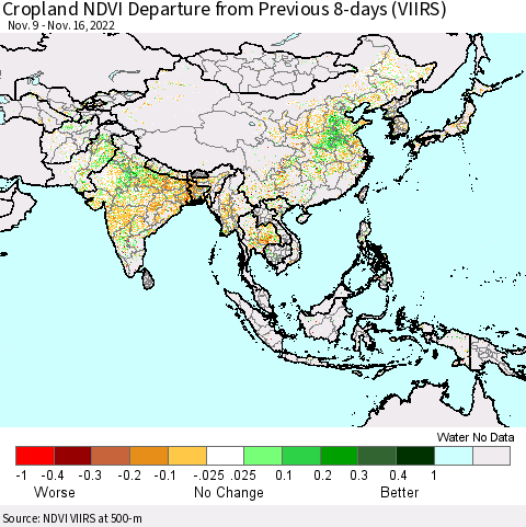 Asia Cropland NDVI Departure from Previous 8-days (VIIRS) Thematic Map For 11/9/2022 - 11/16/2022