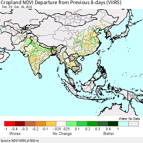 Asia Cropland NDVI Departure from Previous 8-days (VIIRS) Thematic Map For 12/19/2022 - 12/26/2022
