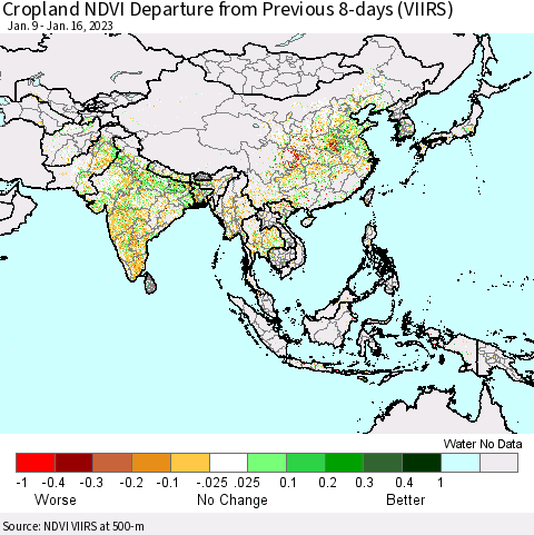 Asia Cropland NDVI Departure from Previous 8-days (VIIRS) Thematic Map For 1/9/2023 - 1/16/2023