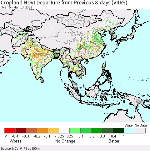 Asia Cropland NDVI Departure from Previous 8-days (VIIRS) Thematic Map For 3/6/2023 - 3/13/2023