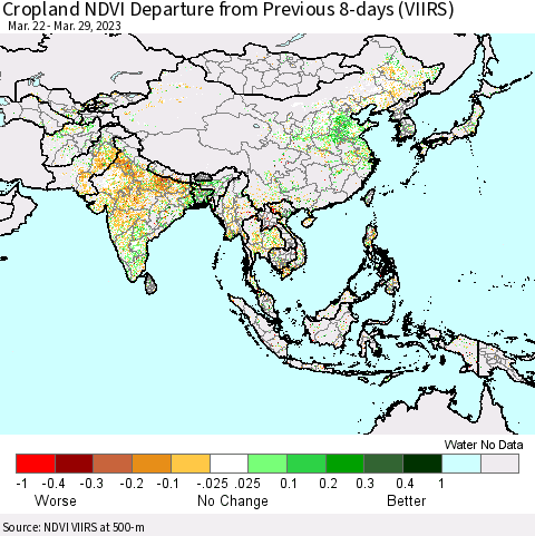 Asia Cropland NDVI Departure from Previous 8-days (VIIRS) Thematic Map For 3/22/2023 - 3/29/2023