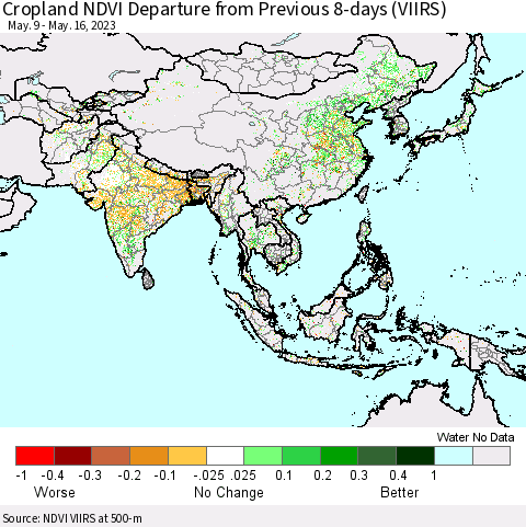 Asia Cropland NDVI Departure from Previous 8-days (VIIRS) Thematic Map For 5/9/2023 - 5/16/2023