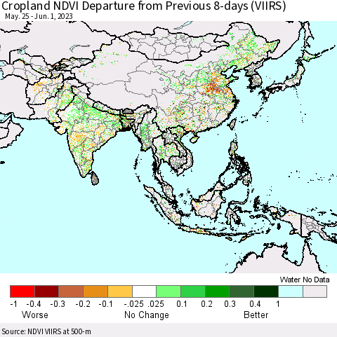 Asia Cropland NDVI Departure from Previous 8-days (VIIRS) Thematic Map For 5/25/2023 - 6/1/2023