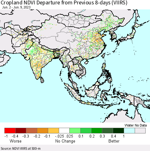 Asia Cropland NDVI Departure from Previous 8-days (VIIRS) Thematic Map For 6/2/2023 - 6/9/2023