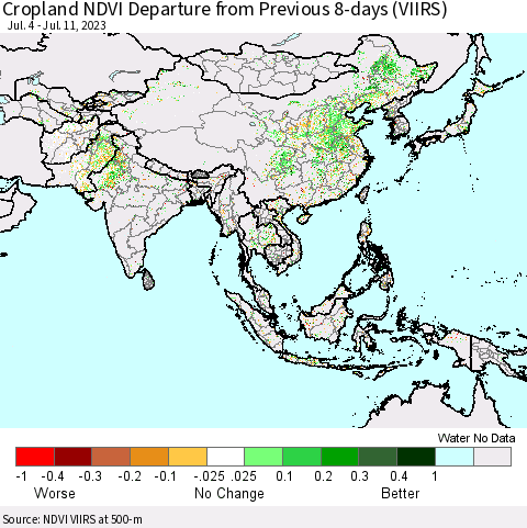Asia Cropland NDVI Departure from Previous 8-days (VIIRS) Thematic Map For 7/4/2023 - 7/11/2023