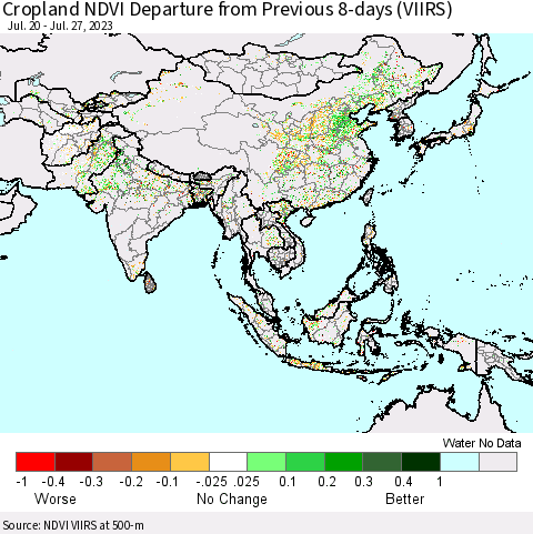 Asia Cropland NDVI Departure from Previous 8-days (VIIRS) Thematic Map For 7/20/2023 - 7/27/2023