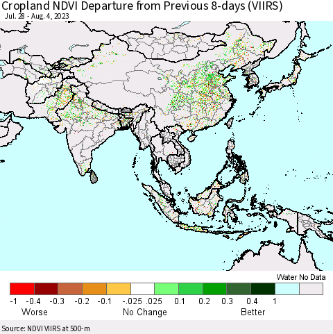 Asia Cropland NDVI Departure from Previous 8-days (VIIRS) Thematic Map For 7/28/2023 - 8/4/2023