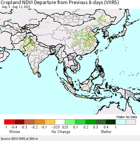 Asia Cropland NDVI Departure from Previous 8-days (VIIRS) Thematic Map For 8/5/2023 - 8/12/2023