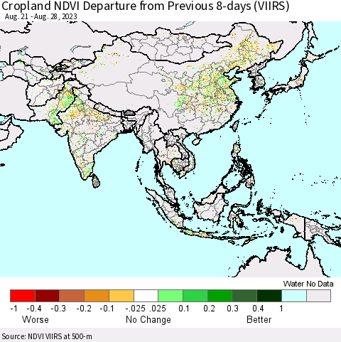 Asia Cropland NDVI Departure from Previous 8-days (VIIRS) Thematic Map For 8/21/2023 - 8/28/2023