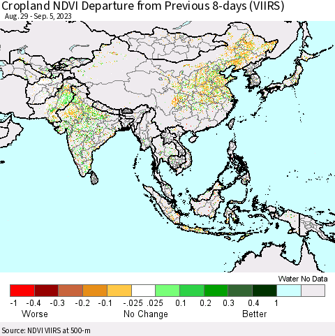 Asia Cropland NDVI Departure from Previous 8-days (VIIRS) Thematic Map For 8/29/2023 - 9/5/2023
