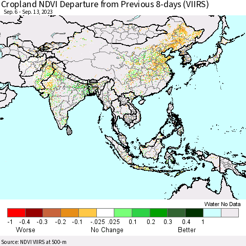 Asia Cropland NDVI Departure from Previous 8-days (VIIRS) Thematic Map For 9/6/2023 - 9/13/2023