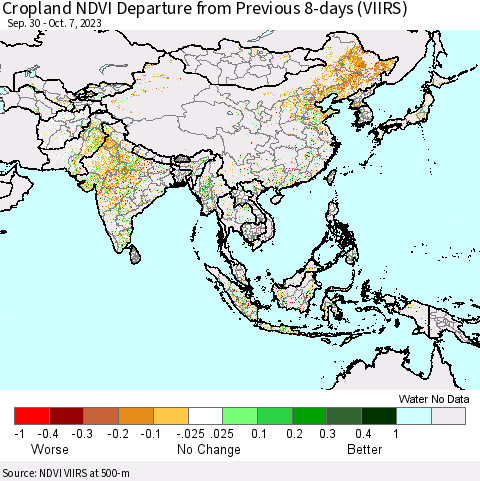 Asia Cropland NDVI Departure from Previous 8-days (VIIRS) Thematic Map For 9/30/2023 - 10/7/2023