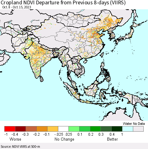 Asia Cropland NDVI Departure from Previous 8-days (VIIRS) Thematic Map For 10/8/2023 - 10/15/2023