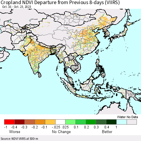 Asia Cropland NDVI Departure from Previous 8-days (VIIRS) Thematic Map For 10/16/2023 - 10/23/2023