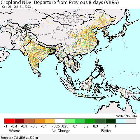 Asia Cropland NDVI Departure from Previous 8-days (VIIRS) Thematic Map For 10/24/2023 - 10/31/2023