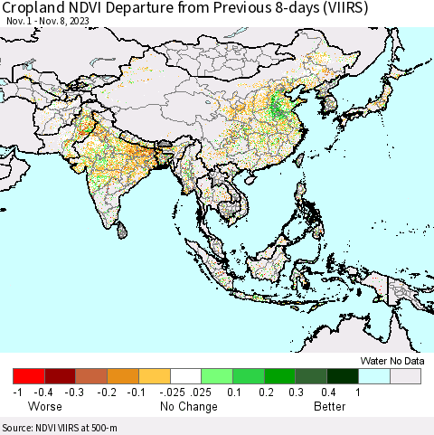 Asia Cropland NDVI Departure from Previous 8-days (VIIRS) Thematic Map For 11/1/2023 - 11/8/2023