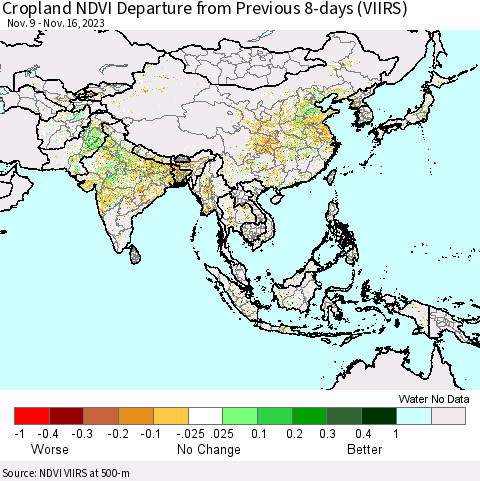 Asia Cropland NDVI Departure from Previous 8-days (VIIRS) Thematic Map For 11/9/2023 - 11/16/2023