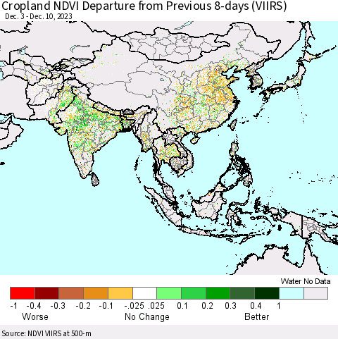 Asia Cropland NDVI Departure from Previous 8-days (VIIRS) Thematic Map For 12/3/2023 - 12/10/2023