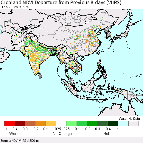 Asia Cropland NDVI Departure from Previous 8-days (VIIRS) Thematic Map For 2/2/2024 - 2/9/2024