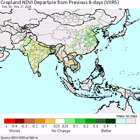 Asia Cropland NDVI Departure from Previous 8-days (VIIRS) Thematic Map For 2/10/2024 - 2/17/2024