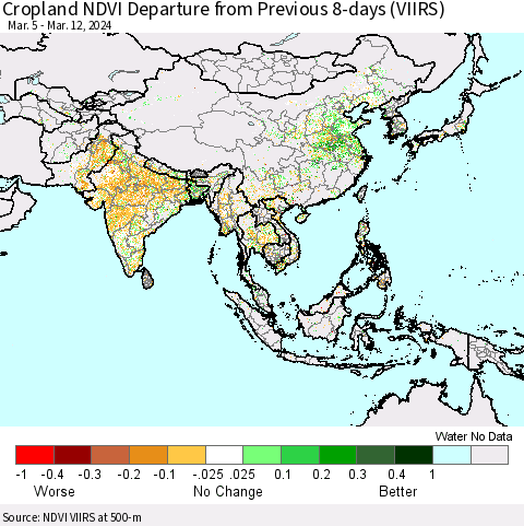 Asia Cropland NDVI Departure from Previous 8-days (VIIRS) Thematic Map For 3/5/2024 - 3/12/2024