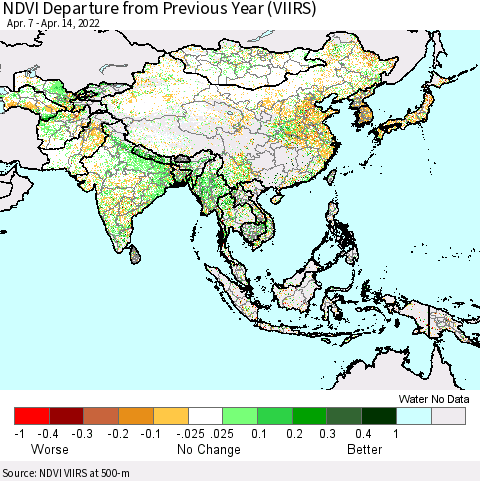 Asia NDVI Departure from Previous Year (VIIRS) Thematic Map For 4/7/2022 - 4/14/2022