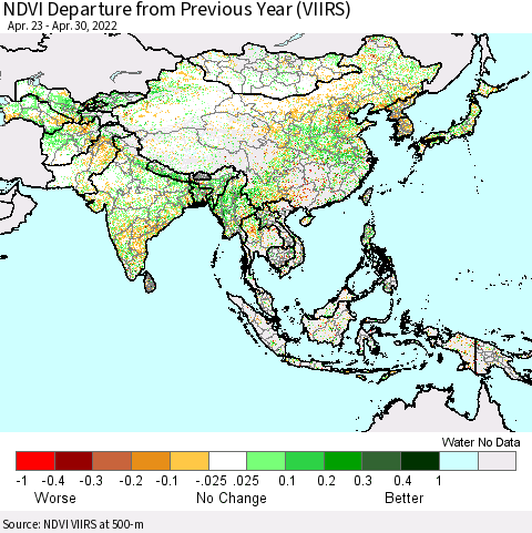 Asia NDVI Departure from Previous Year (VIIRS) Thematic Map For 4/23/2022 - 4/30/2022
