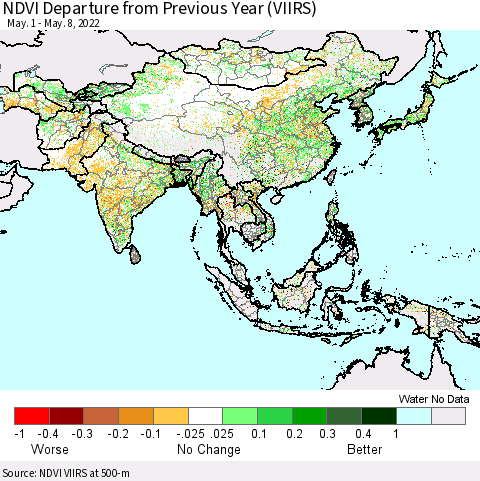 Asia NDVI Departure from Previous Year (VIIRS) Thematic Map For 5/1/2022 - 5/8/2022
