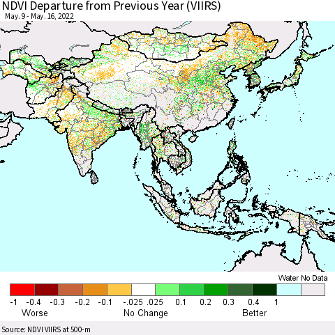 Asia NDVI Departure from Previous Year (VIIRS) Thematic Map For 5/9/2022 - 5/16/2022